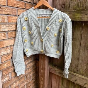 HYFVE Cropped Cardigan in Light Green with Yellow Floral Accents Grandma-core